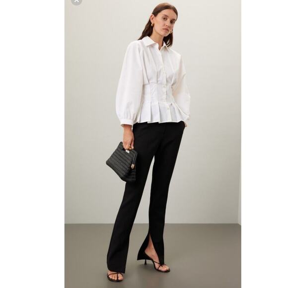 NATORI White Peplum Hem Voluminous Sleeves Techno Polplin Blouse Top Size 4 - Picture 2 of 11